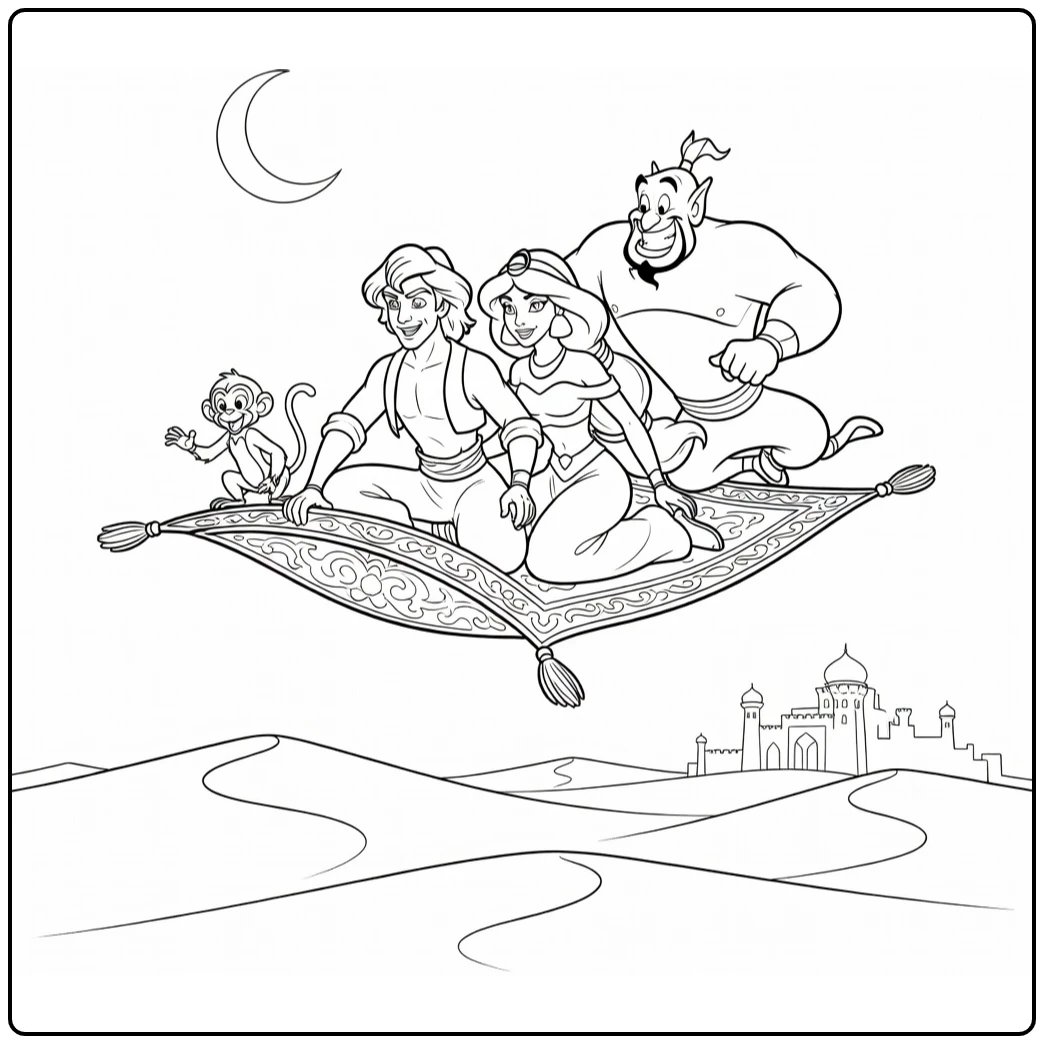 Aladdin kleurplaat: Aladdin en vrienden op vliegend tapijt boven woestijn
