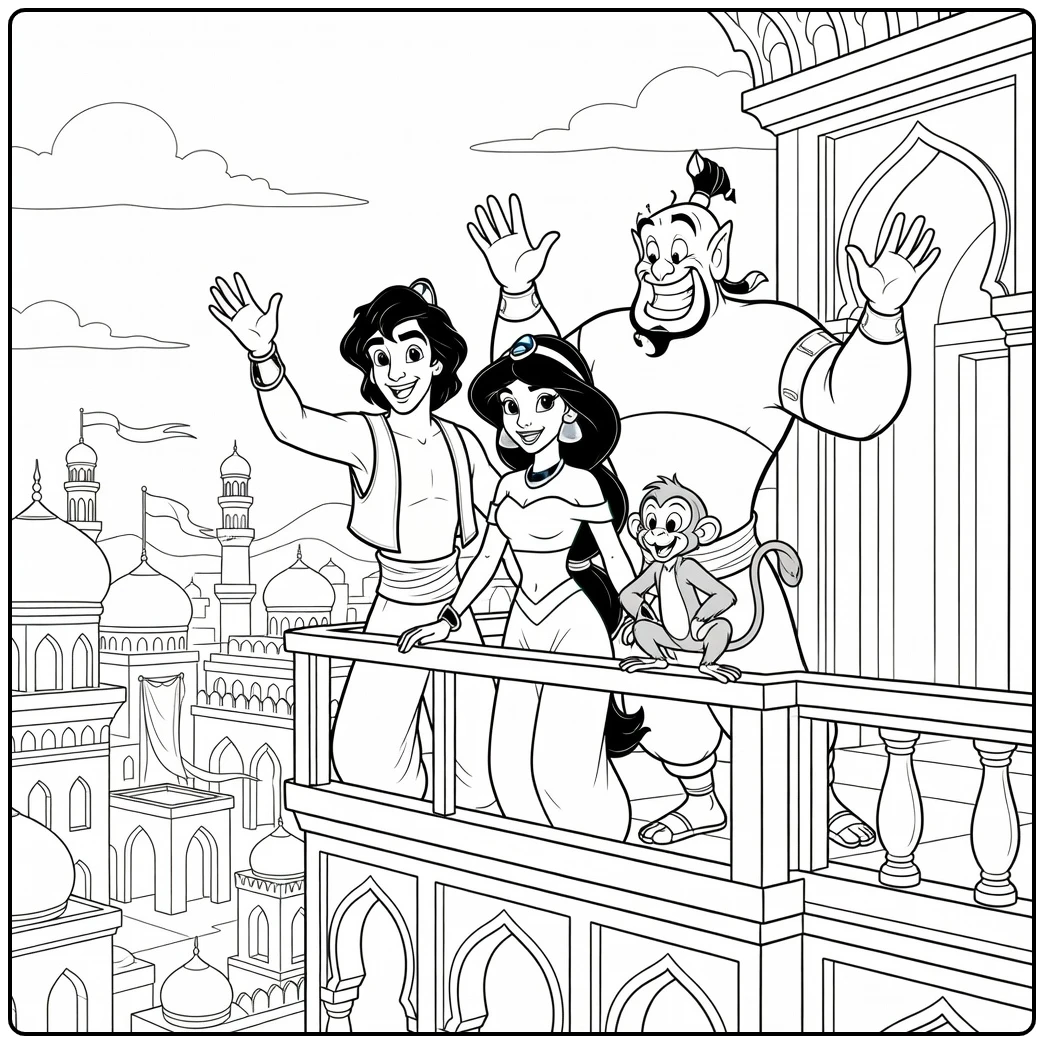 Aladdin kleurplaat: Aladdin en vrienden wuiven vanaf balkon