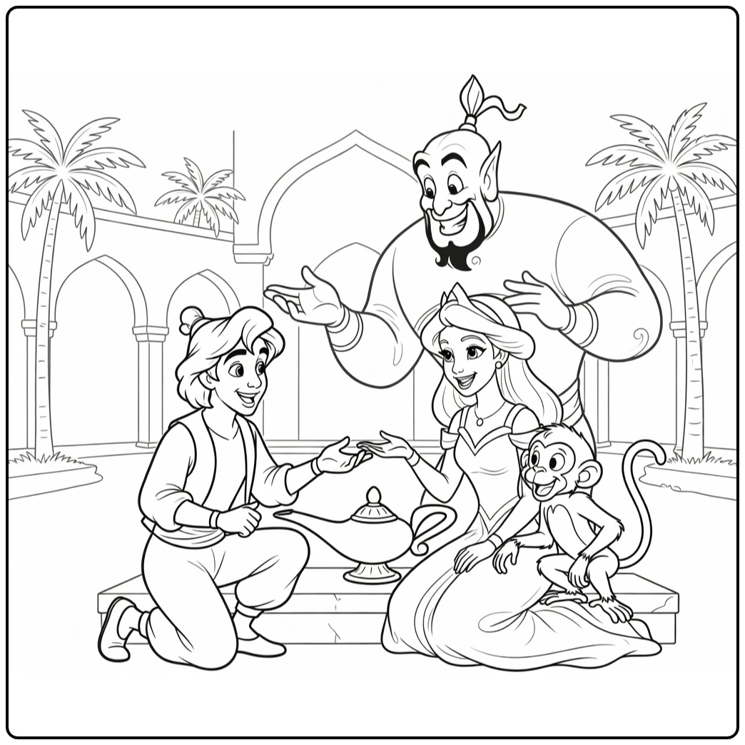 Aladdin kleurplaat met prinses, genie en aapje bij lamp