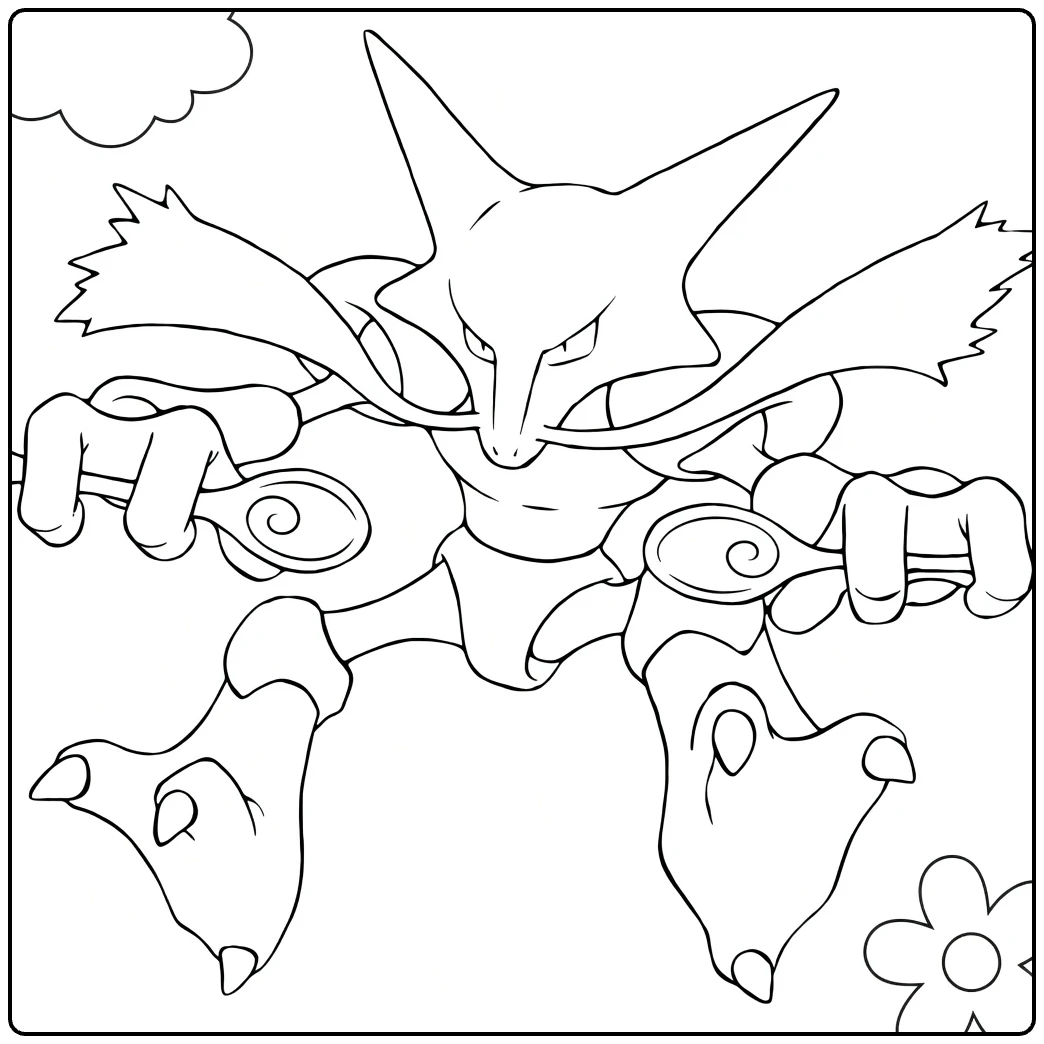 Alakazam Kleurplaat: Pokémon met lepels, wolken, bloem