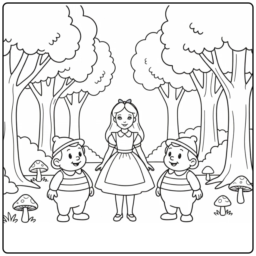 Alice in Wonderland: Alice met Tweedledee en Tweedledum in bos