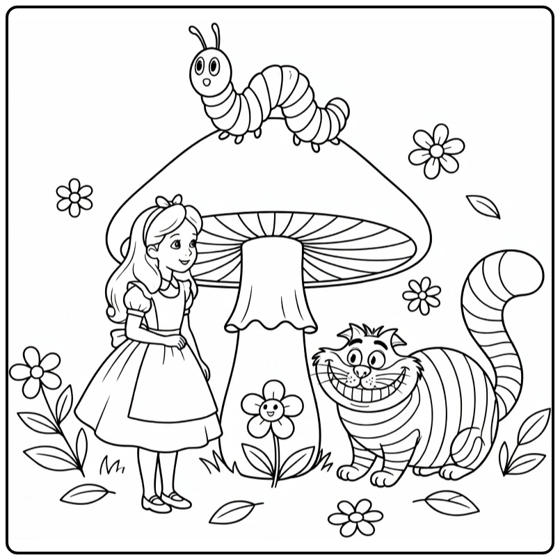 Alice in Wonderland: Alice, rups, Cheshirekat bij paddestoel