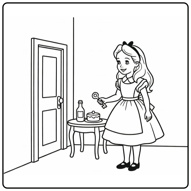 Alice in Wonderland: Alice bij klein deurtje met sleutel