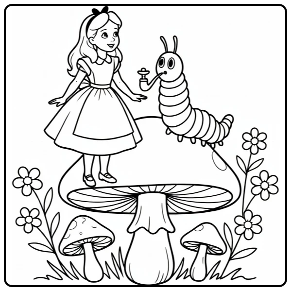 Alice in Wonderland: Alice en rups op paddenstoel met bloemen