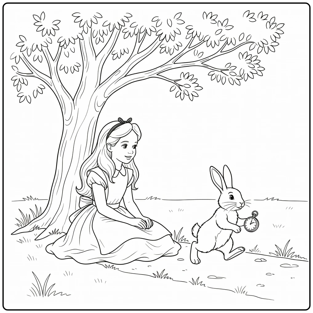 Alice in Wonderland: Alice onder boom volgt Witte Konijn