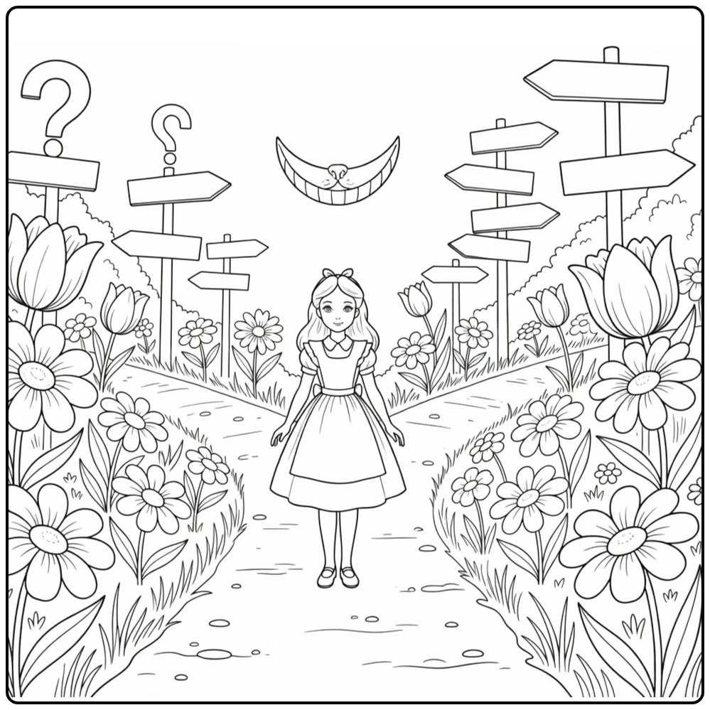 Alice in Wonderland: Alice bij vorkpad met bloemen en grijns