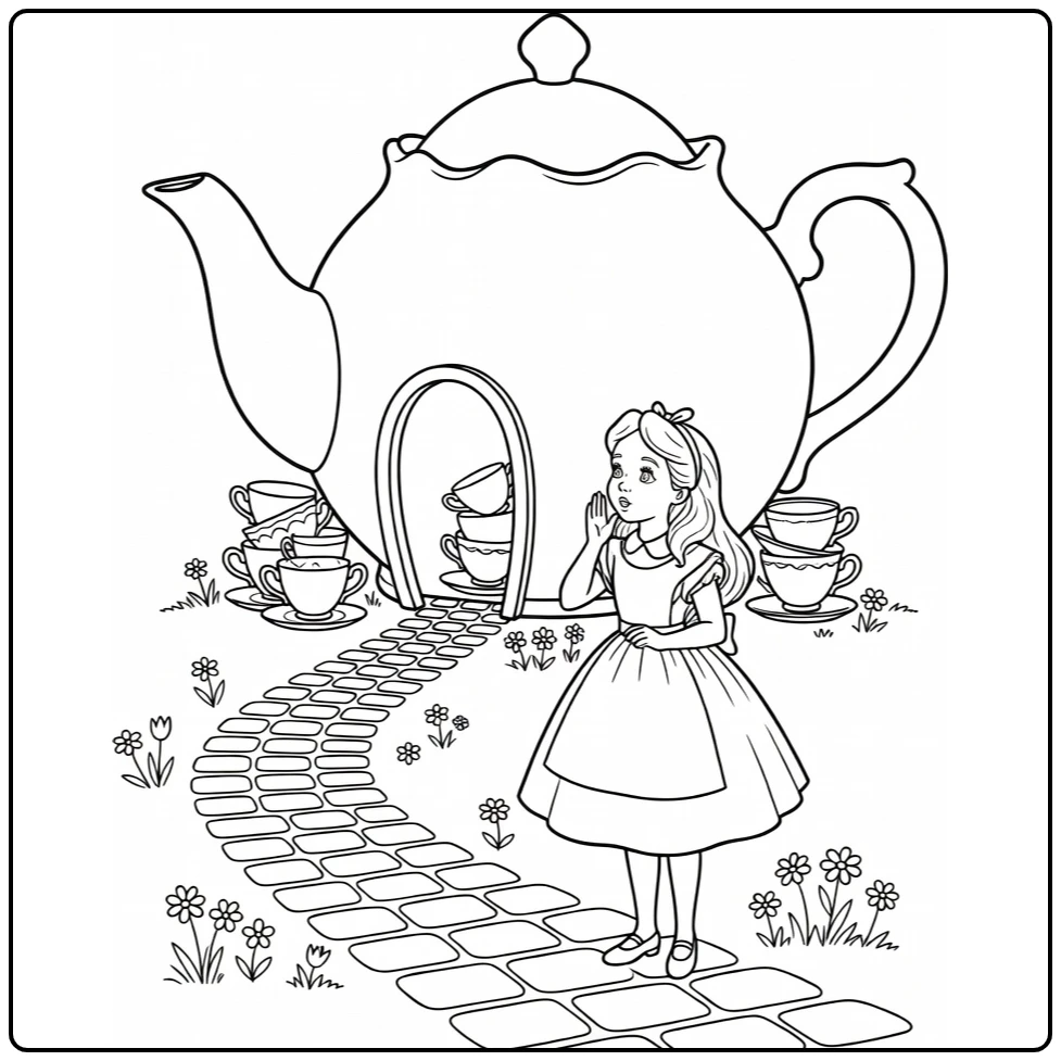 Alice in Wonderland ontdekt reusachtig theepothuis met bloemen