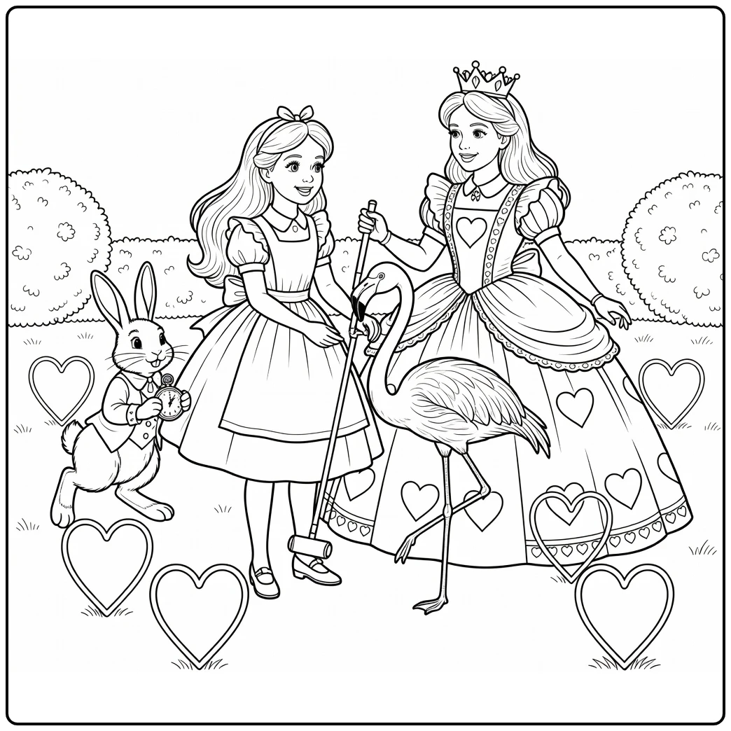 Alice in Wonderland: Alice, Koningin van Hart, Konijn en flamingo bij croquet