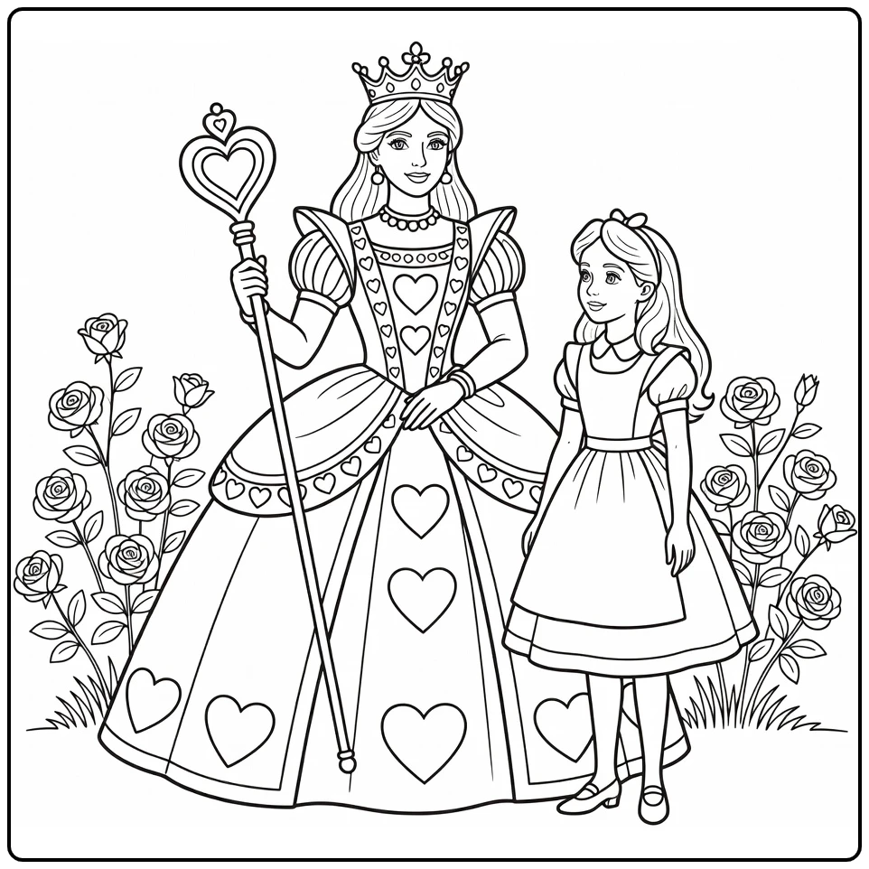 Alice in Wonderland: Hartenkoningin met hartscepter en Alice
