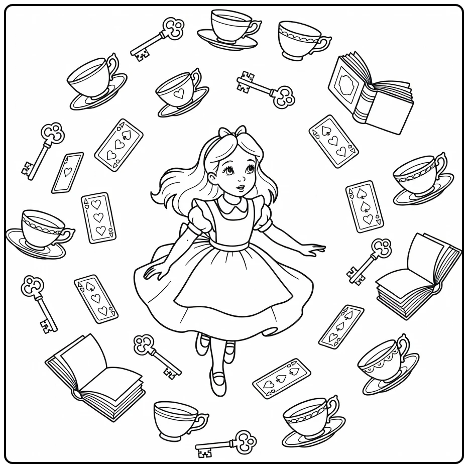 Alice in Wonderland valt door konijnenhol met zwevende kopjes