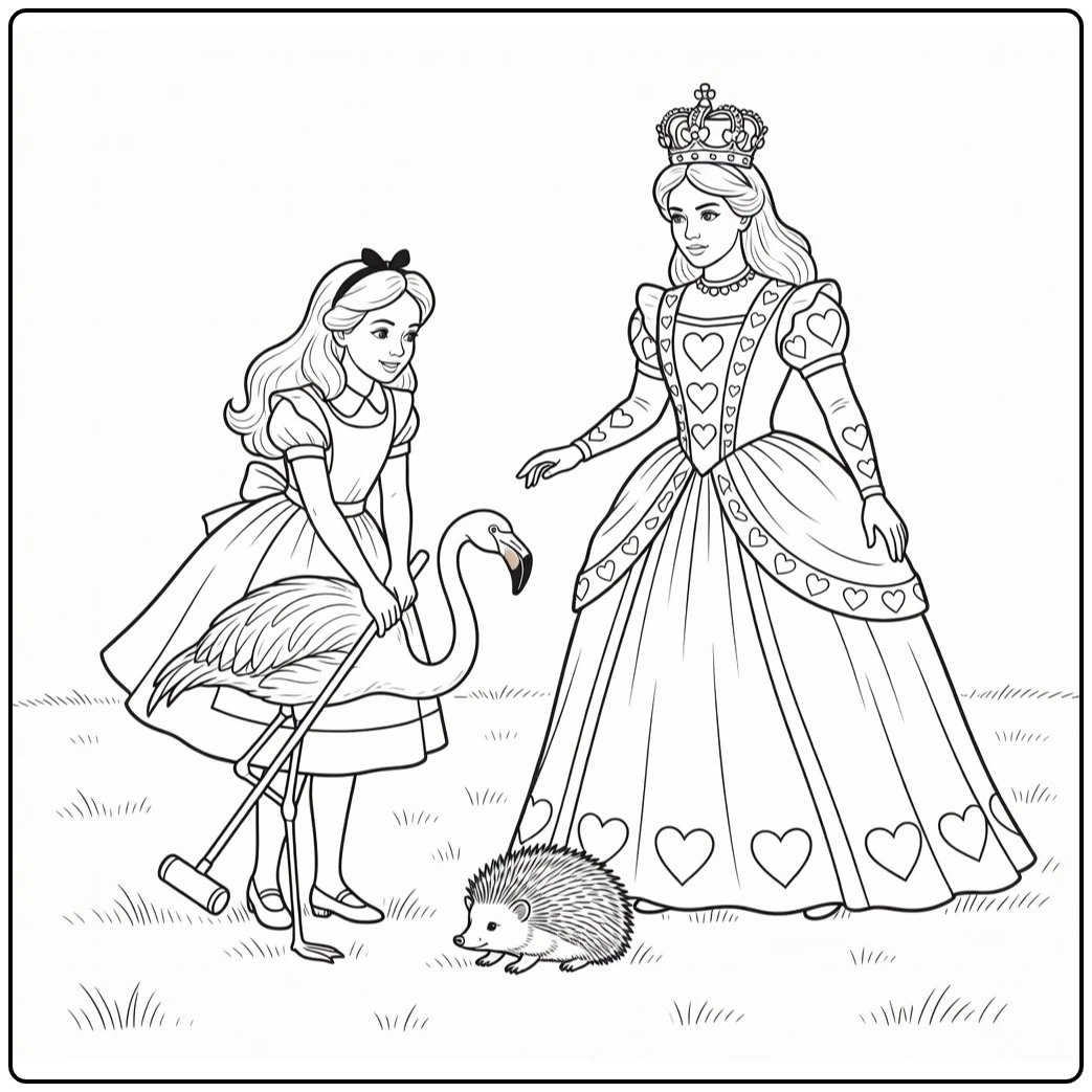 Alice in Wonderland kroketspel met flamingomallet en egel