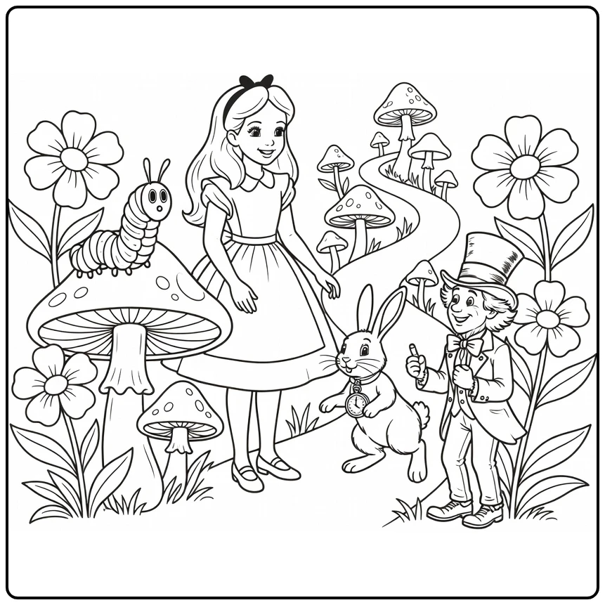 Alice in Wonderland: Alice, Rups, Konijn en Hoedenmaker bij paddenstoelenpad