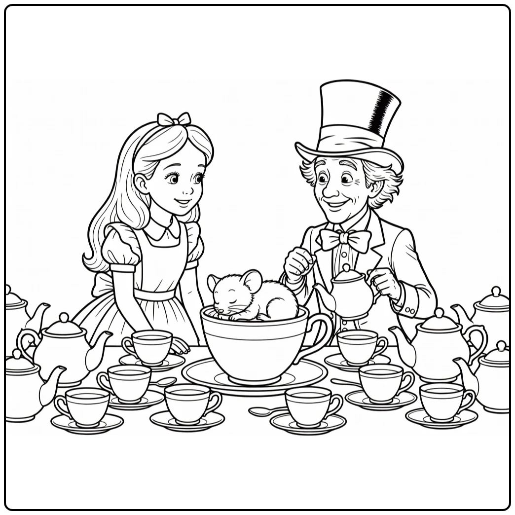 Alice in Wonderland: slapende muis in theekopje bij theepartij