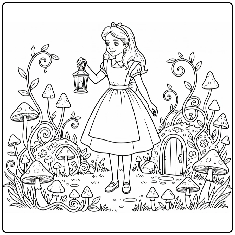 Alice in Wonderland met lantaarn in nachtelijke tuin met deur