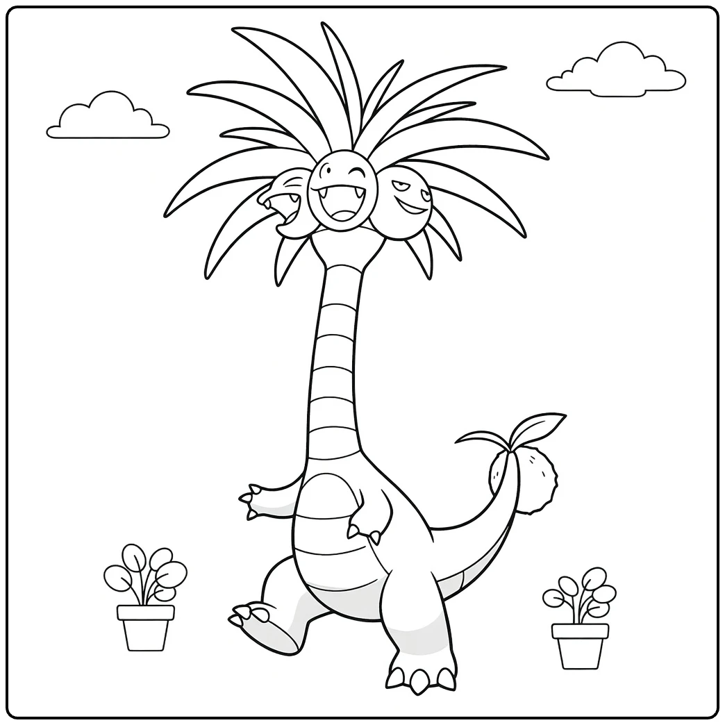 Alolan Exeggutor Kleurplaat met drie lachkoppen