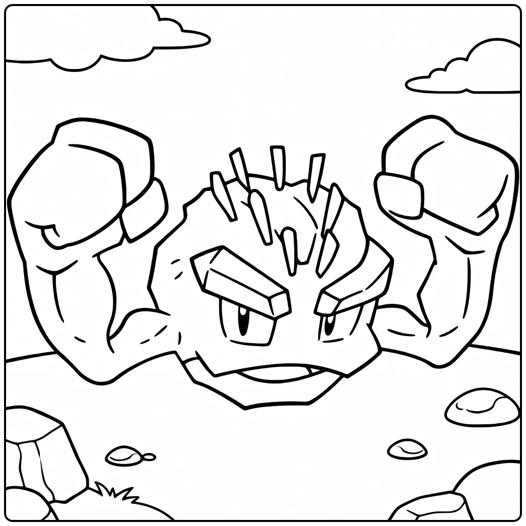 Alolan Geodude kleurplaat: flexende rots-Pokémon met spikes