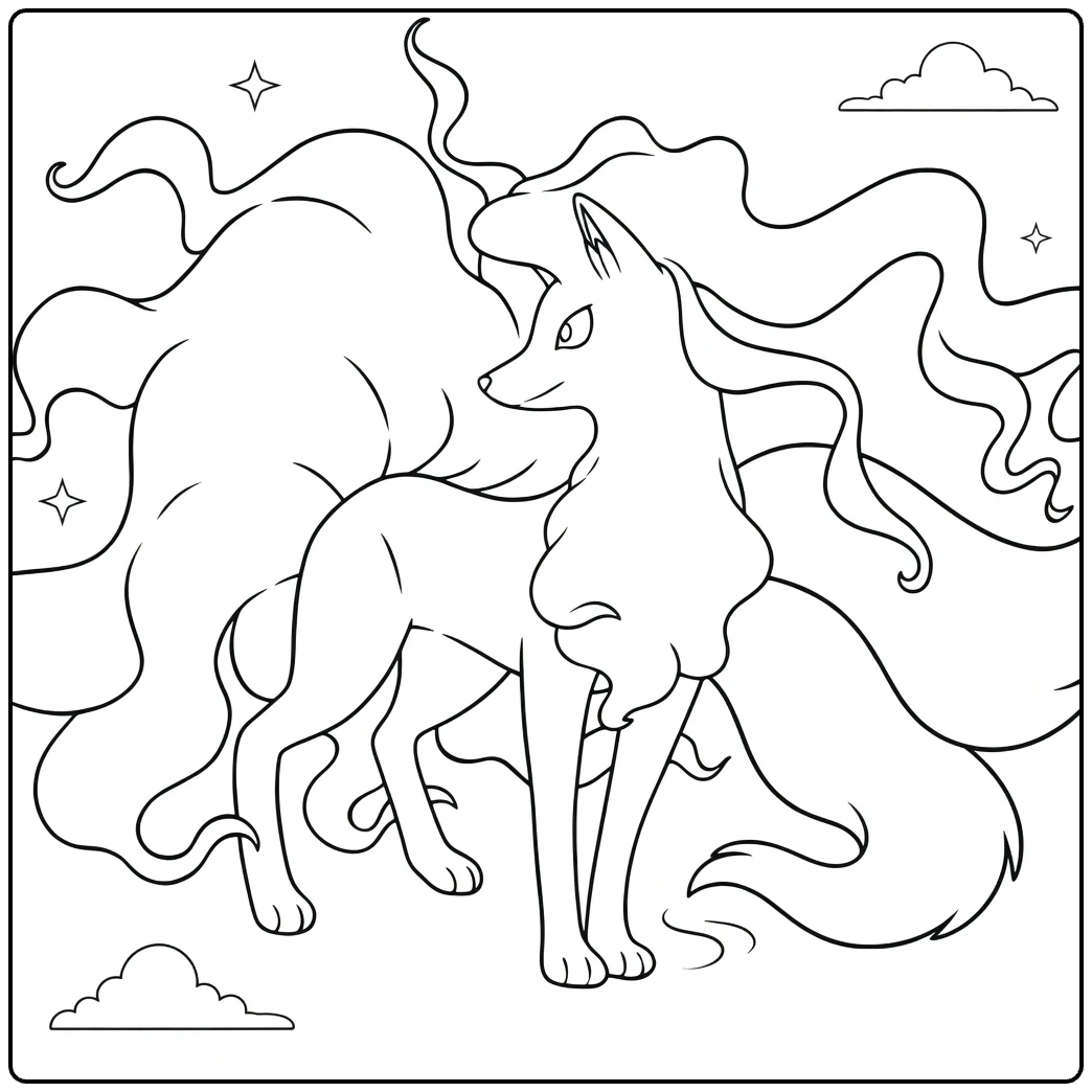 Alolan Ninetales kleurplaat met pluizige staarten en sterren
