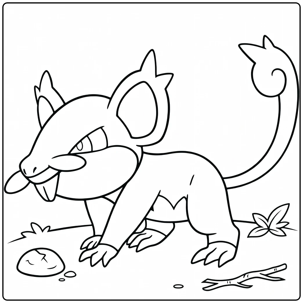 Alolan Rattata kleurplaat: hurkend bij steen met klauwen