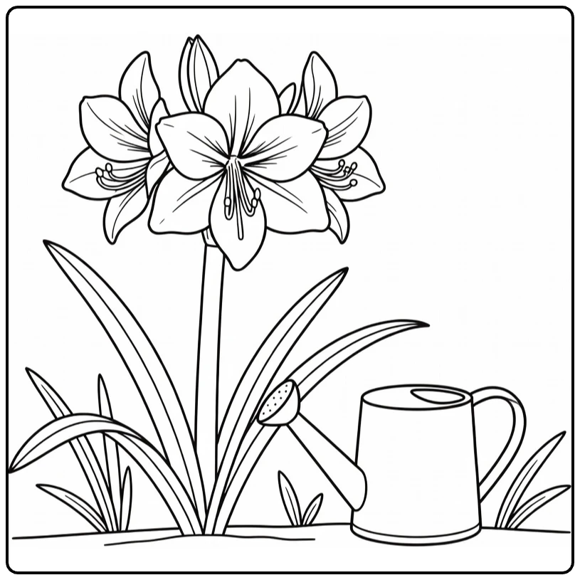 amaryllis kleurplaat met bloem naast gieter