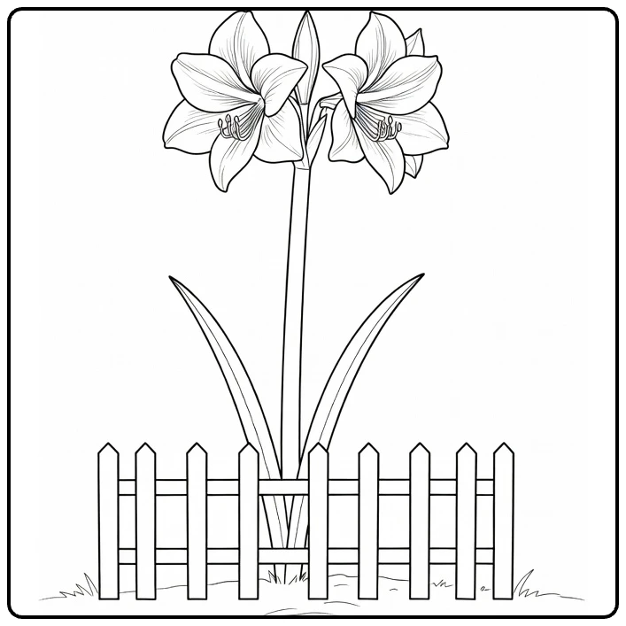 Amaryllis kleurplaat met plant naast tuinhek en twee bloemen