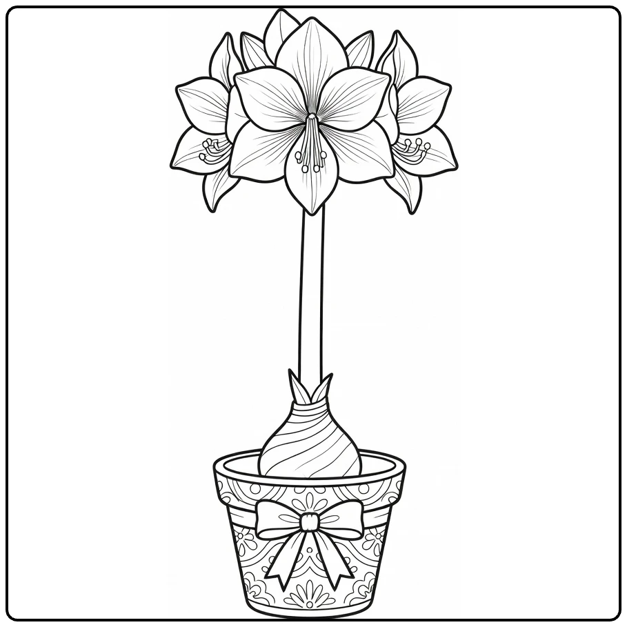 Amaryllis kleurplaat met bloembol in pot met strik