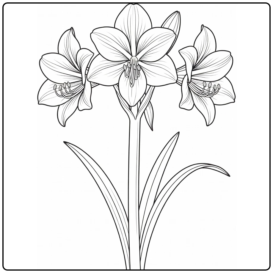 Amaryllis kleurplaat met drie bloesems en lange bladeren