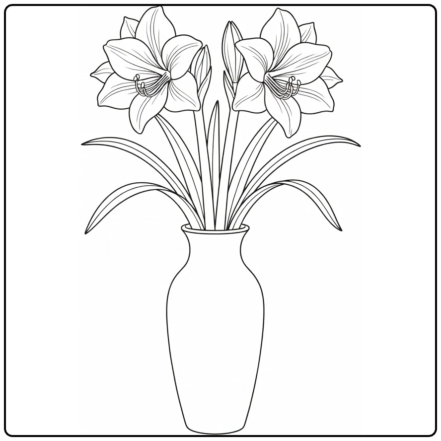 Amaryllis kleurplaat met amaryllis in keramische vaas