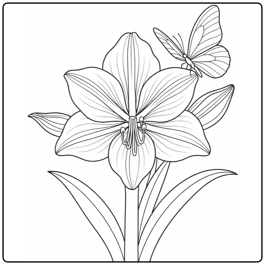 Amaryllis kleurplaat met vlinder op bloemblad