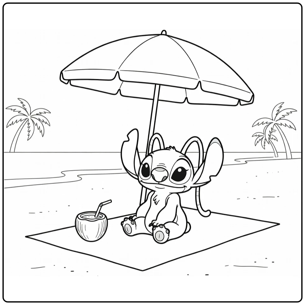 Angel Stitch Kleurplaat van Stitch op strand met parasol
