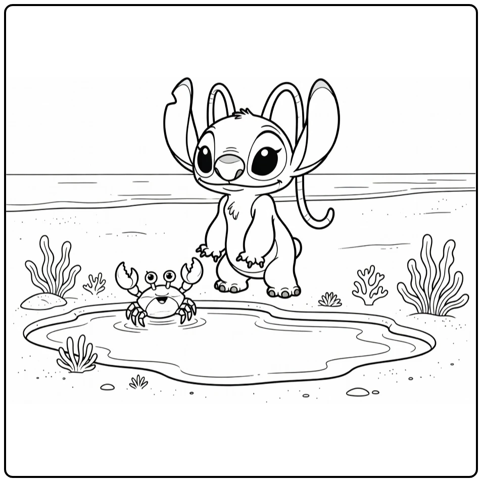 Angel Stitch Kleurplaat met Stitch en krab aan zee