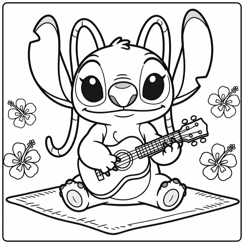 Angel Stitch Kleurplaat met Stitch en ukulele