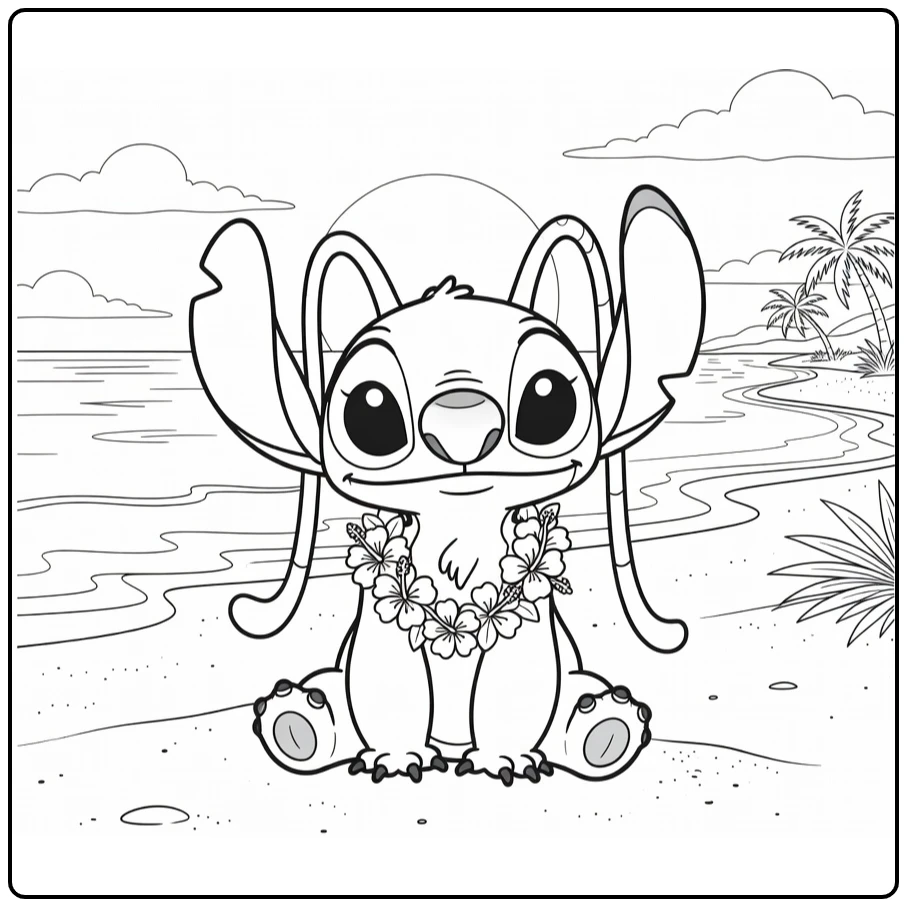 Angel Stitch Kleurplaat met Stitch op het strand met bloemen