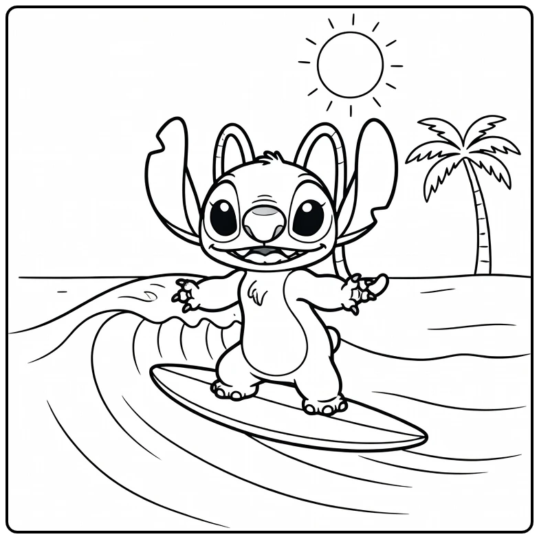 Angel Stitch Kleurplaat van Stitch op surfplank
