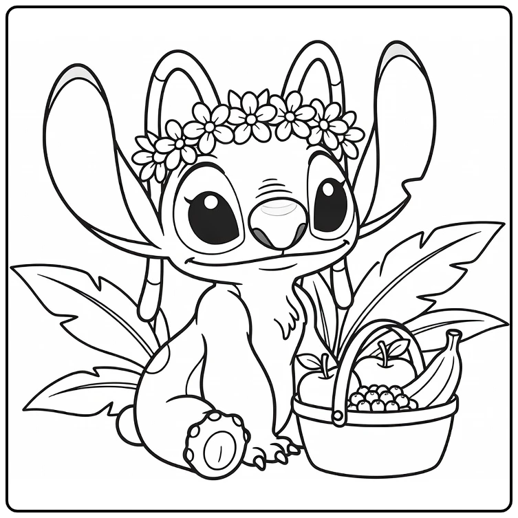Angel Stitch Kleurplaat met bloemenkrans en fruitmand
