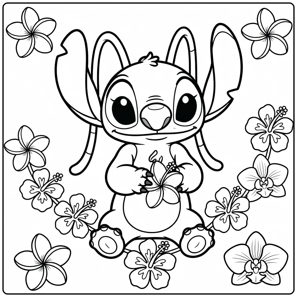 Angel Stitch Kleurplaat met bloemen en Stitch