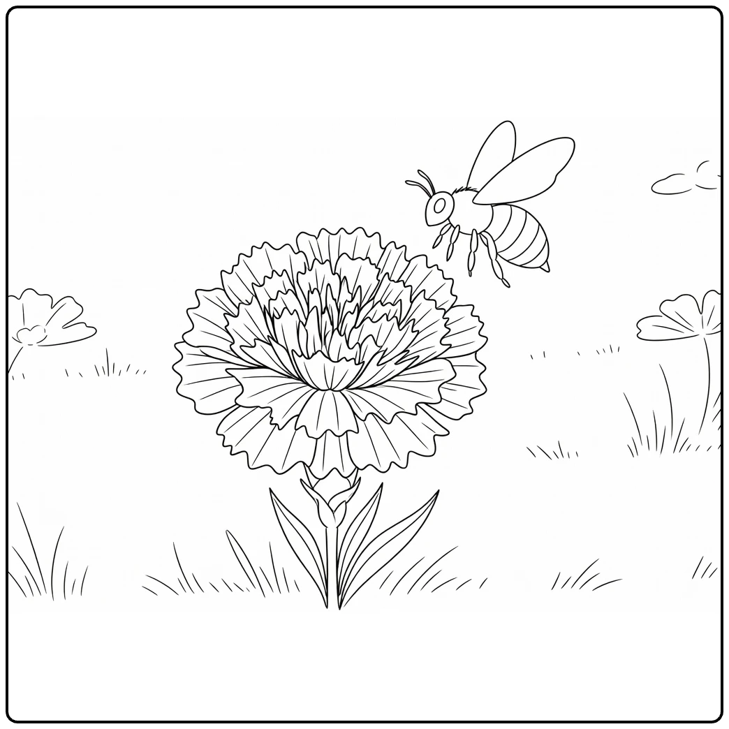 Anjer kleurplaat met bij bij bloem en bladeren