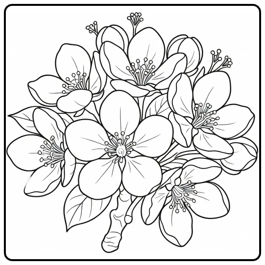 Appelbloesem kleurplaat met bloesems knoppen en bladeren