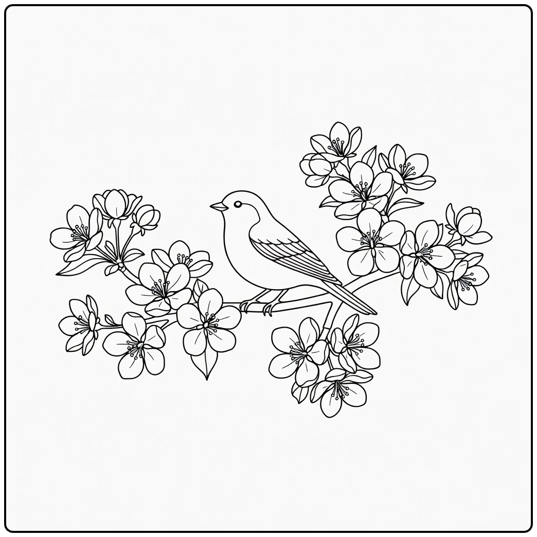 appelbloesem kleurplaat met vogel op tak