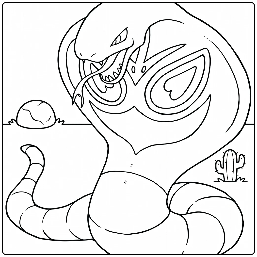 Arbok Kleurplaat: boze cobra Pokémon met cactus