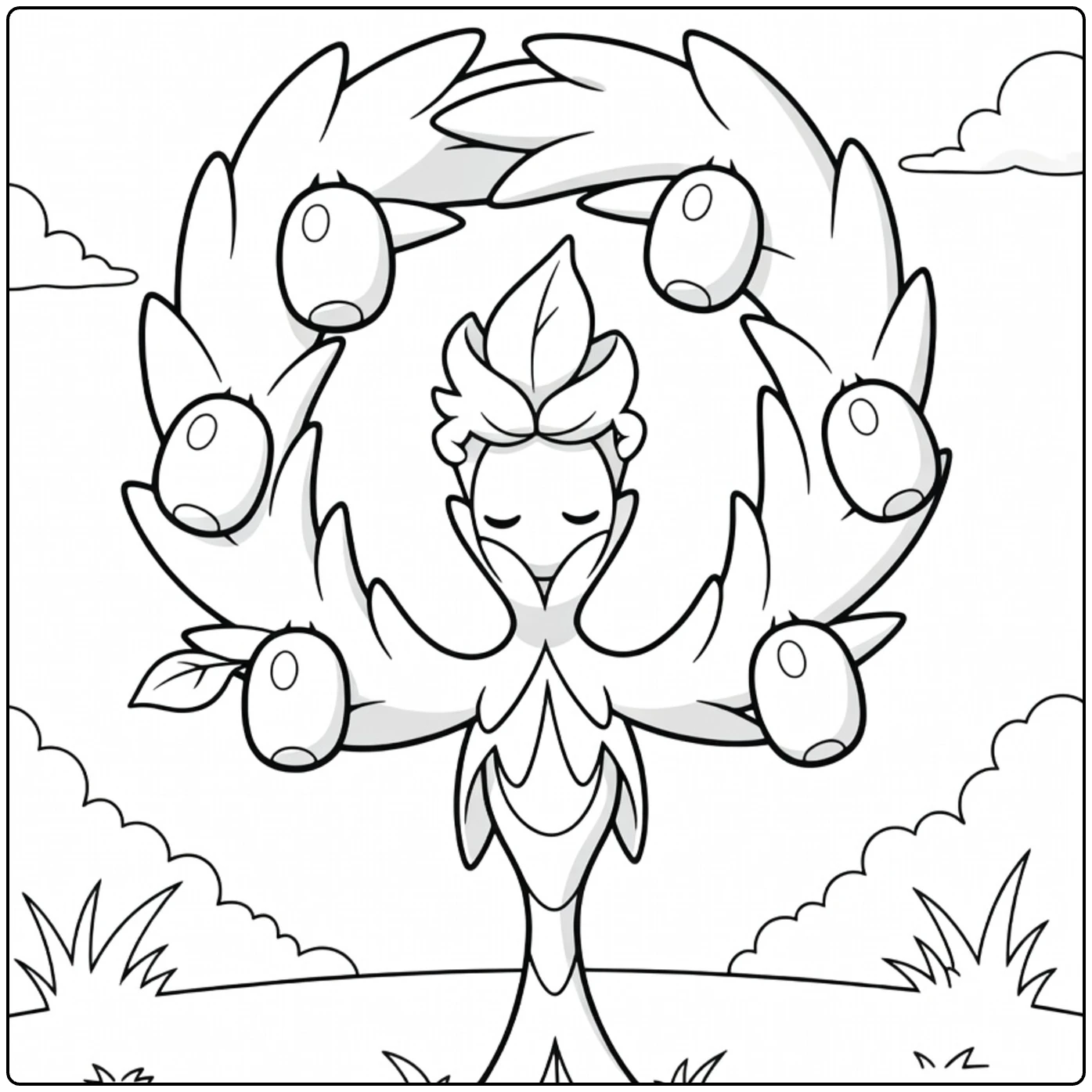 Arboliva kleurplaat: schattige boom-Pokémon met olijven