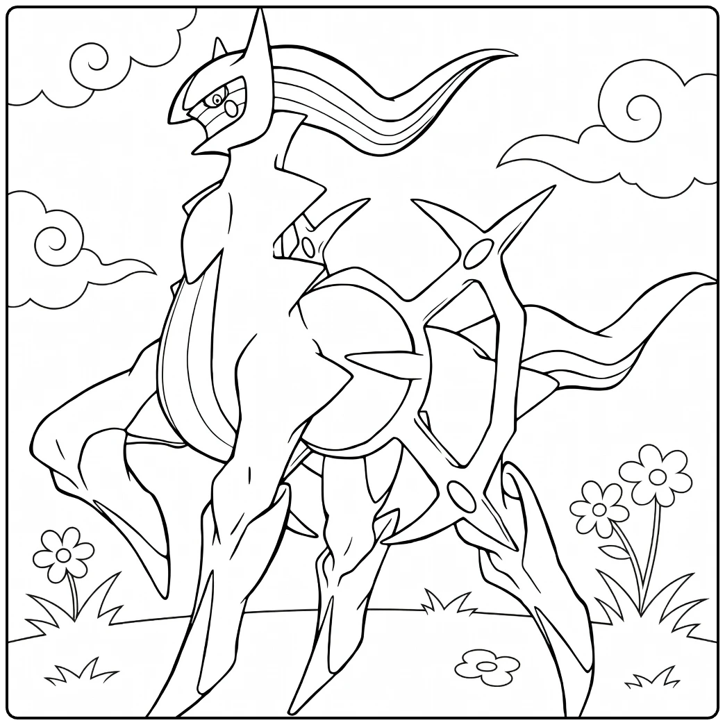 Pokémon Arceus kleurplaat in wei met madeliefjes en wolken