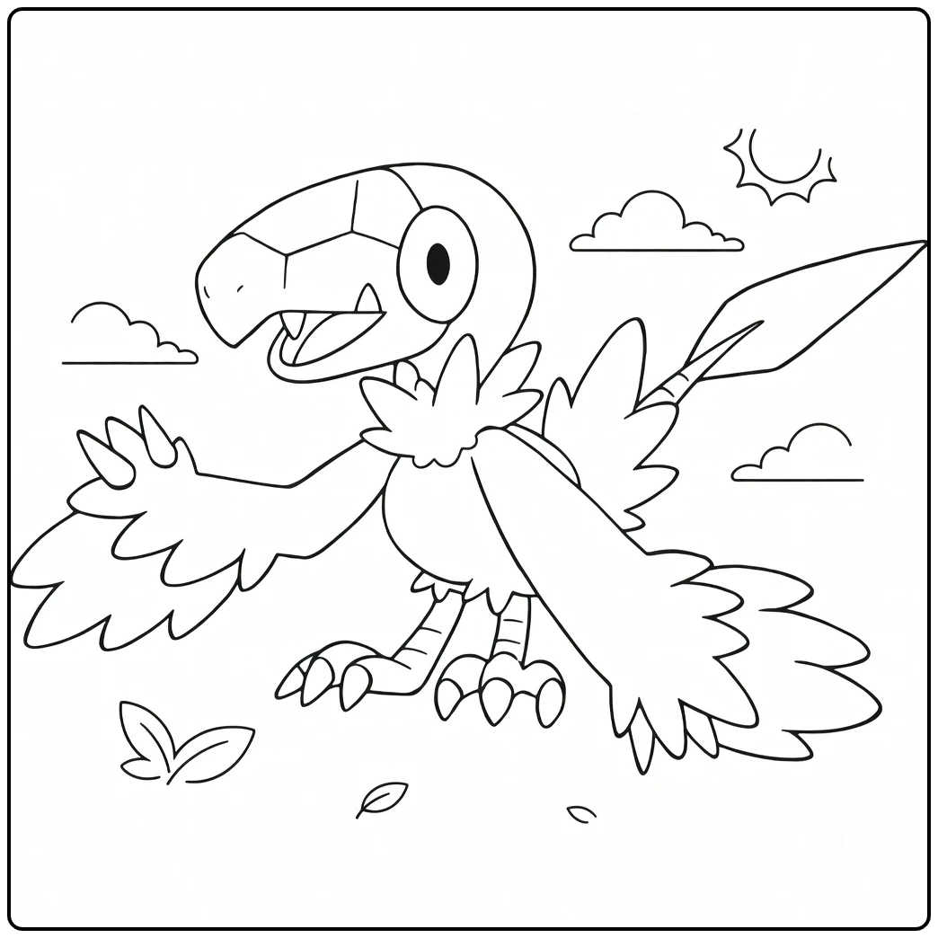 Archen Kleurplaat: blije Pokémon met vleugels en zon