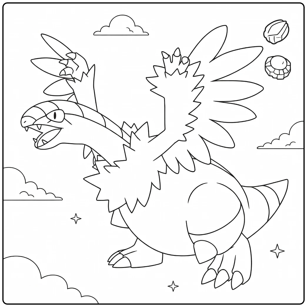 Archeops kleurplaat: brullende Pokémon met gespreide vleugels