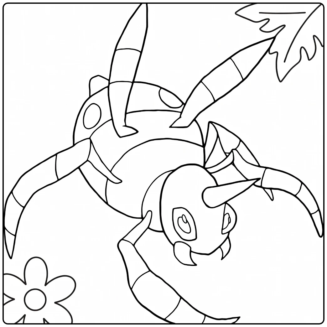 Ariados kleurplaat: spin Pokémon hangend aan tak met bloemen