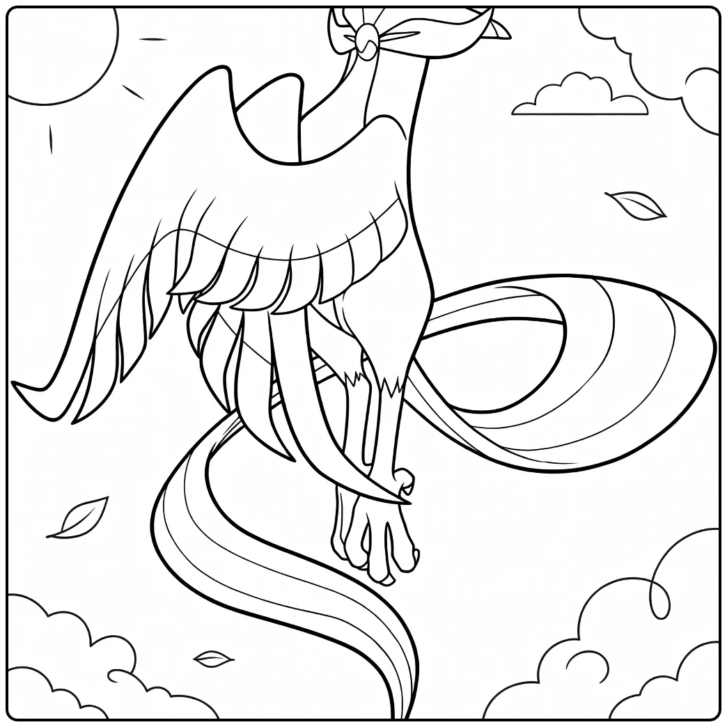 Articuno Kleurplaat: vliegende ijsvogel met zon en wolken