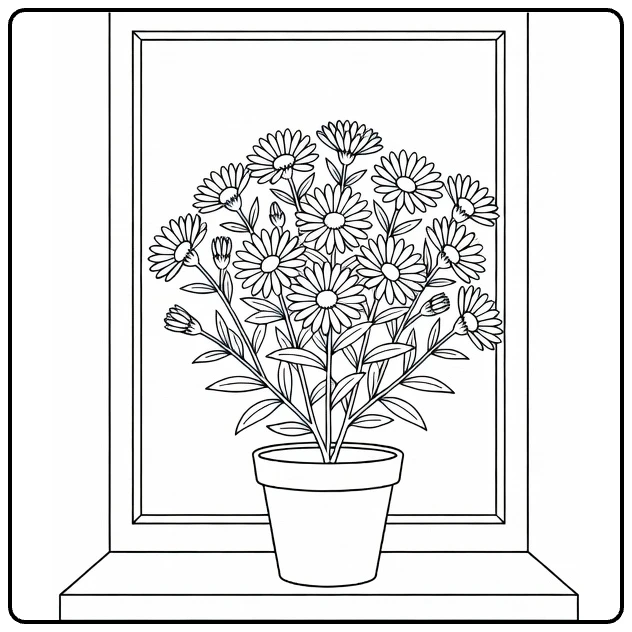Aster kleurplaat van aster in pot op vensterbank met raam