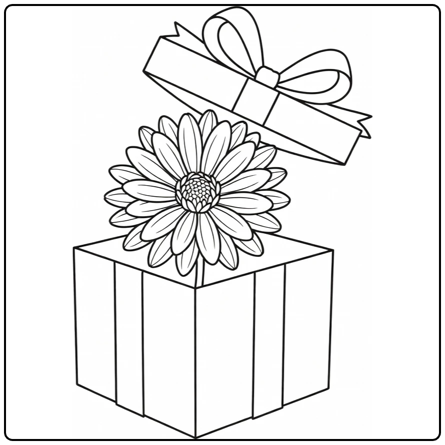 Aster kleurplaat van aster bloem in open geschenkdoos