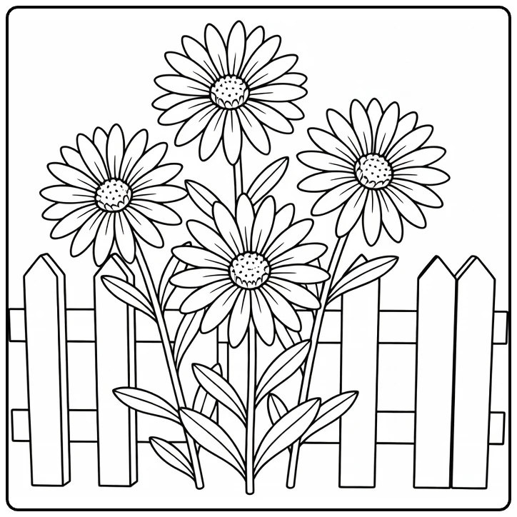 Aster kleurplaat met asters naast houten tuinhek