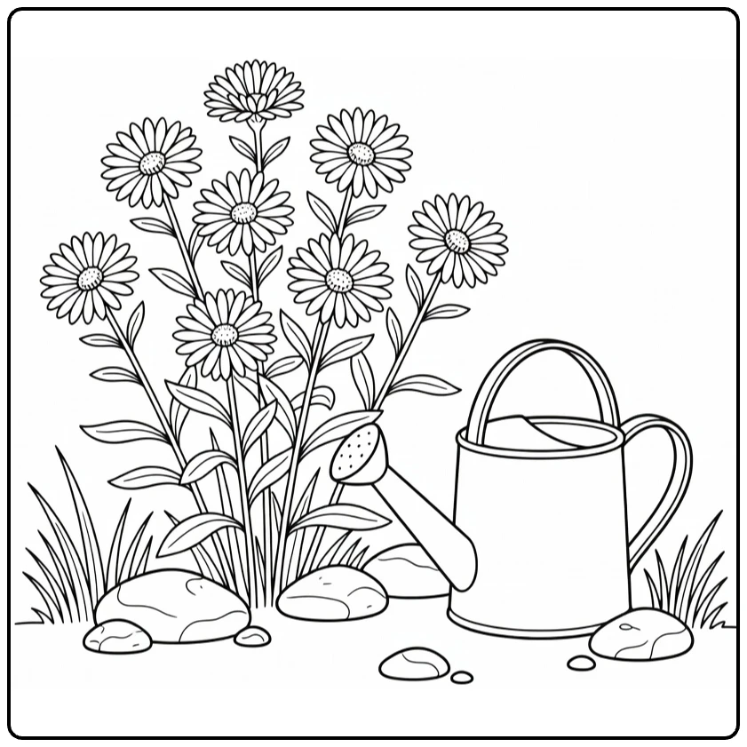 aster kleurplaat met asters naast gieter en gras