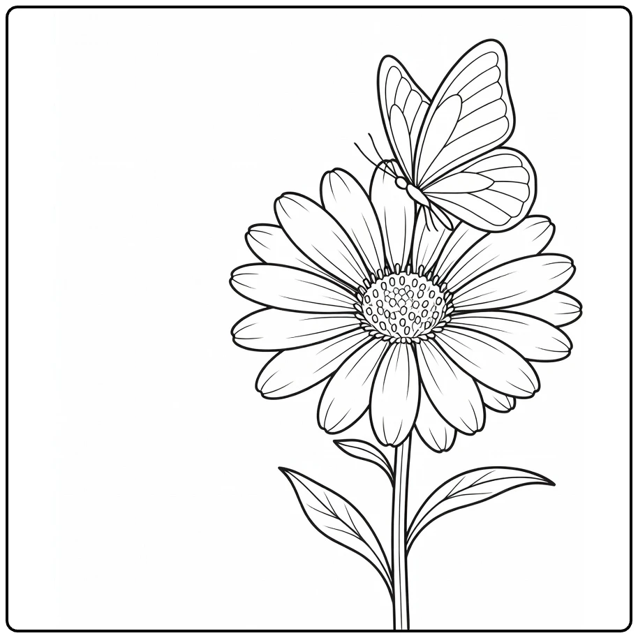 Aster kleurplaat met vlinder op grote aster bloem